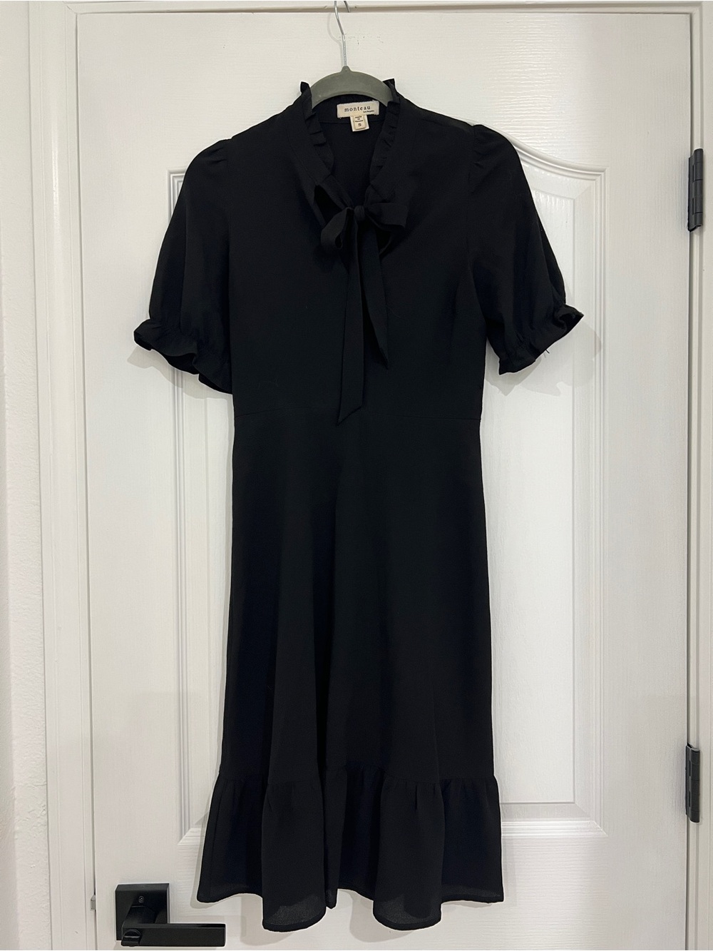 Monteau Los Angeles Tie-Neck Ruffled-Hem Dress in Black